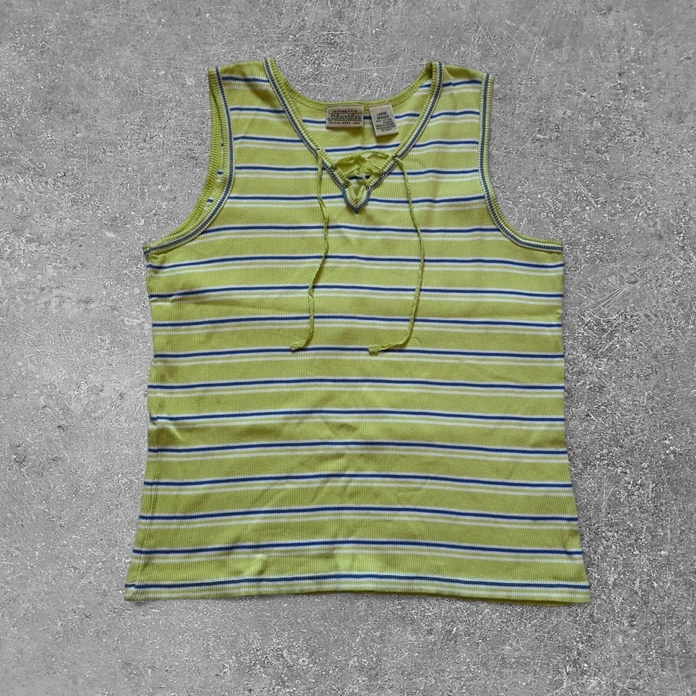 St Johns Bay Womens Striped Lace Up Tie Front Tank Top Green Blue Large